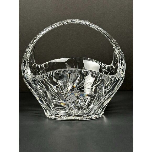 Vintage Pressed Glass Crystal Handled Basket Candy Dish Pinwheel Design - Picture 2 of 16